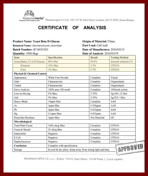 Yeast Beta D Glucan, certifikate of analysis