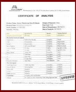 certificate of analysis hlíva ústřičná beta D glukan