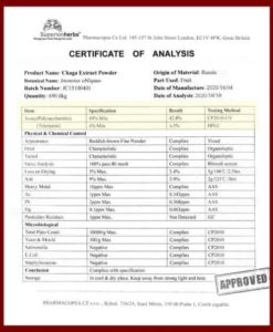 Certifikát analýzy extraktu z čagy