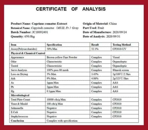 Certifikát analýzy Coprinus comatux extrakt