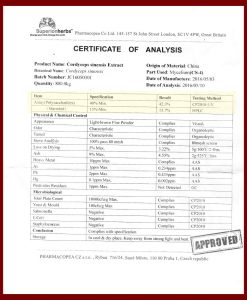 doklad o certifikaci, Cordyceps sinensis od Superionherbs