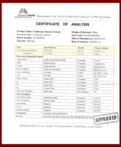 Certifikát analýzy extraktu cordyceps sinensis