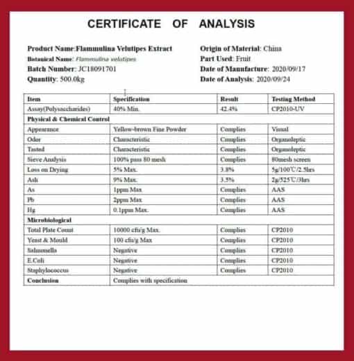 Certifikát analýzy extraktu flammulina