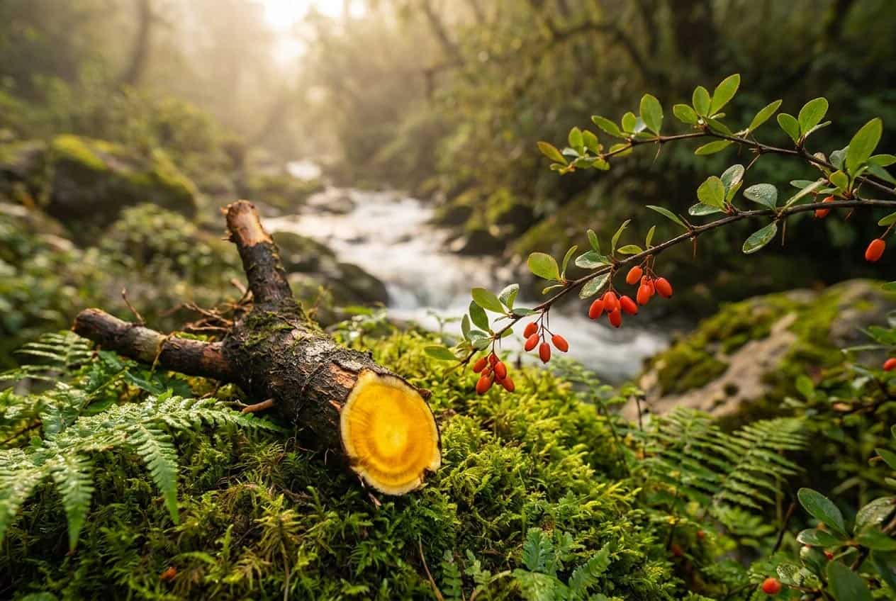 Dřišťál (Berberis aristata) — žlutý kořen bohatý na berberin