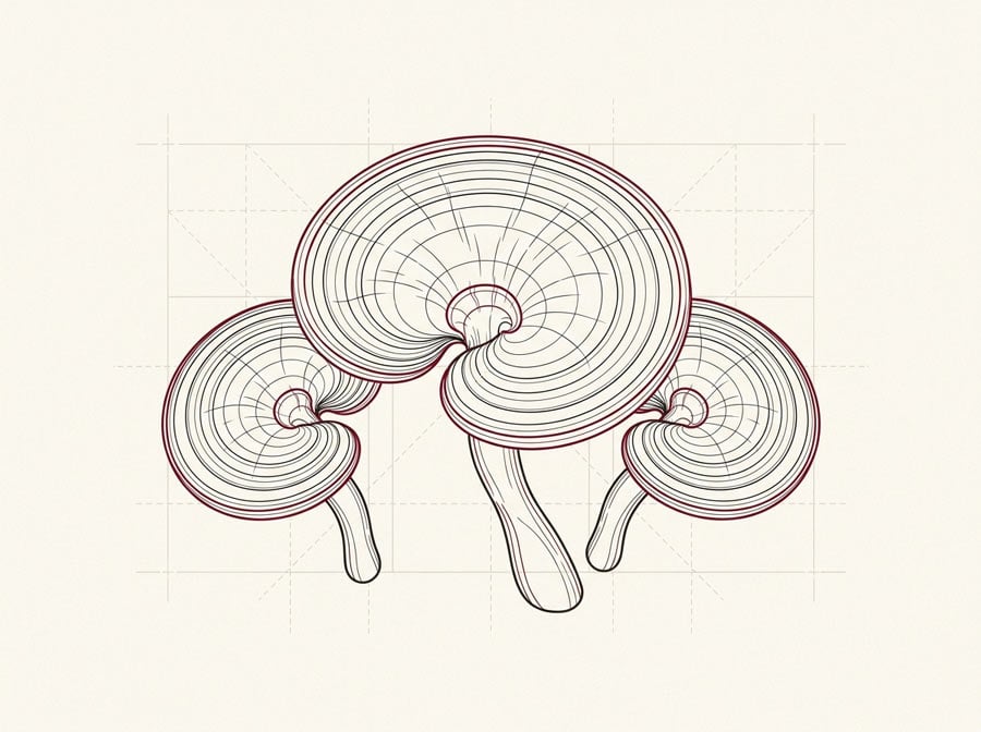 Houbové extrakty SuperionHerbs — kompletní edukační průvodce, ilustrace tří Reishi (Ganoderma lucidum) v line art stylu