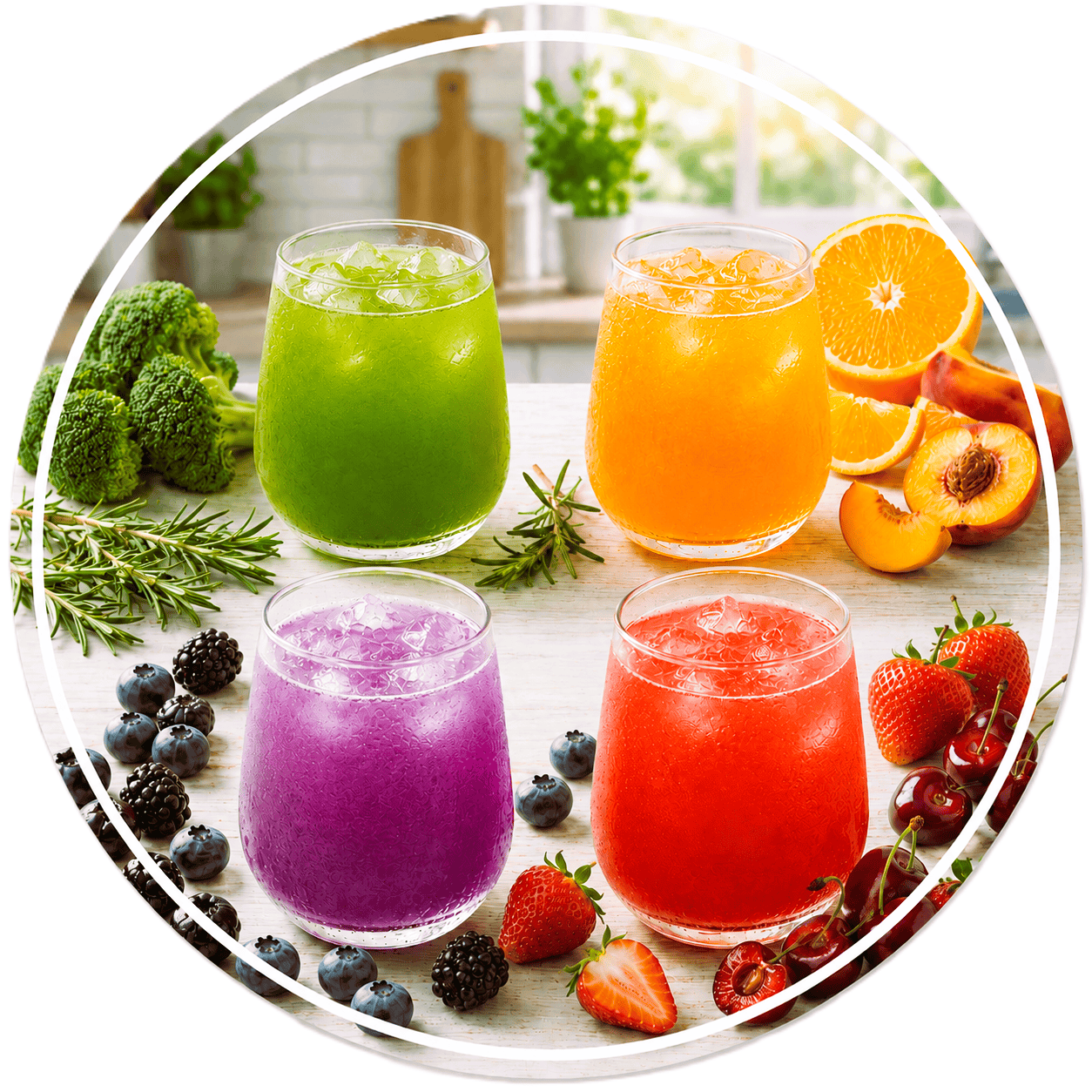 Čtyři funkční nápoje Nutraxis – Green, Orange, Red a Purple s čerstvými surovinami