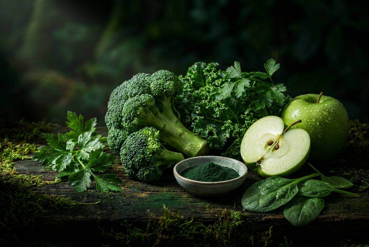Čerstvá zelená zelenina a řasy — brokolice, kapusta, petržel, chlorella