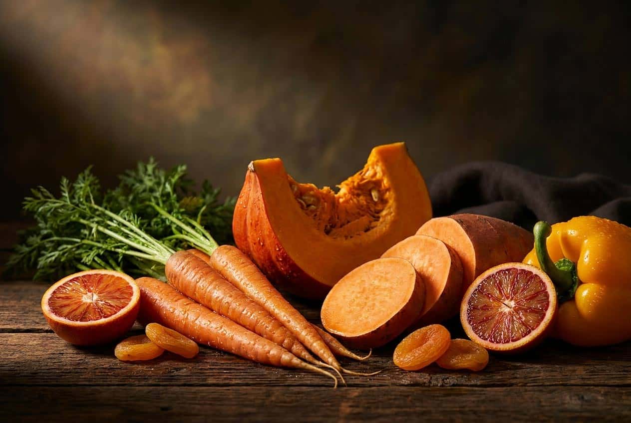 Oranžová a žlutá zelenina a ovoce — mrkev, dýně, batáty, pomeranče, meruňky