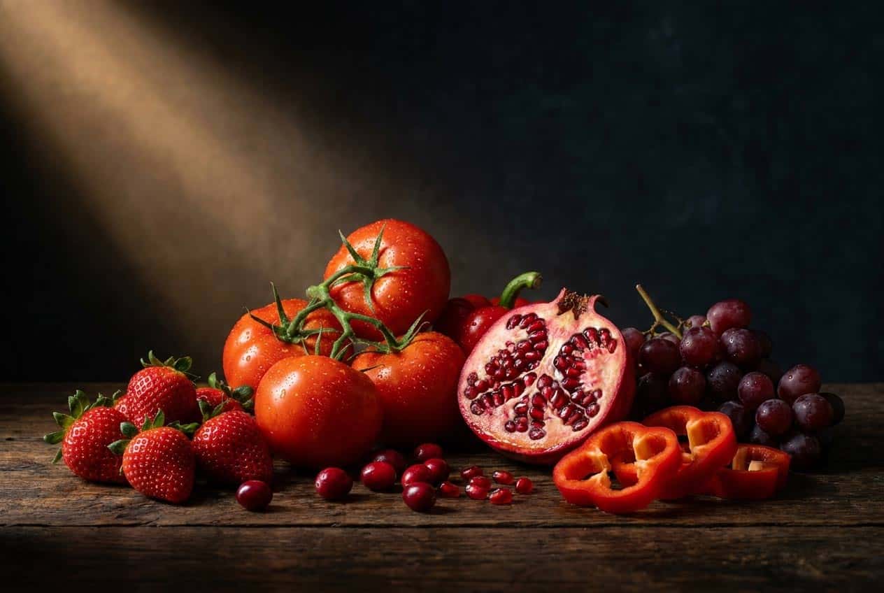 Vivně červené ovoce a zelenina — rajčata, jahody, granátové jablko, paprika