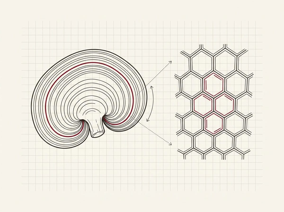 Biologická dostupnost houbových extraktů — Reishi a chitinová buněčná struktura, line art ilustrace vědy za vstřebáváním