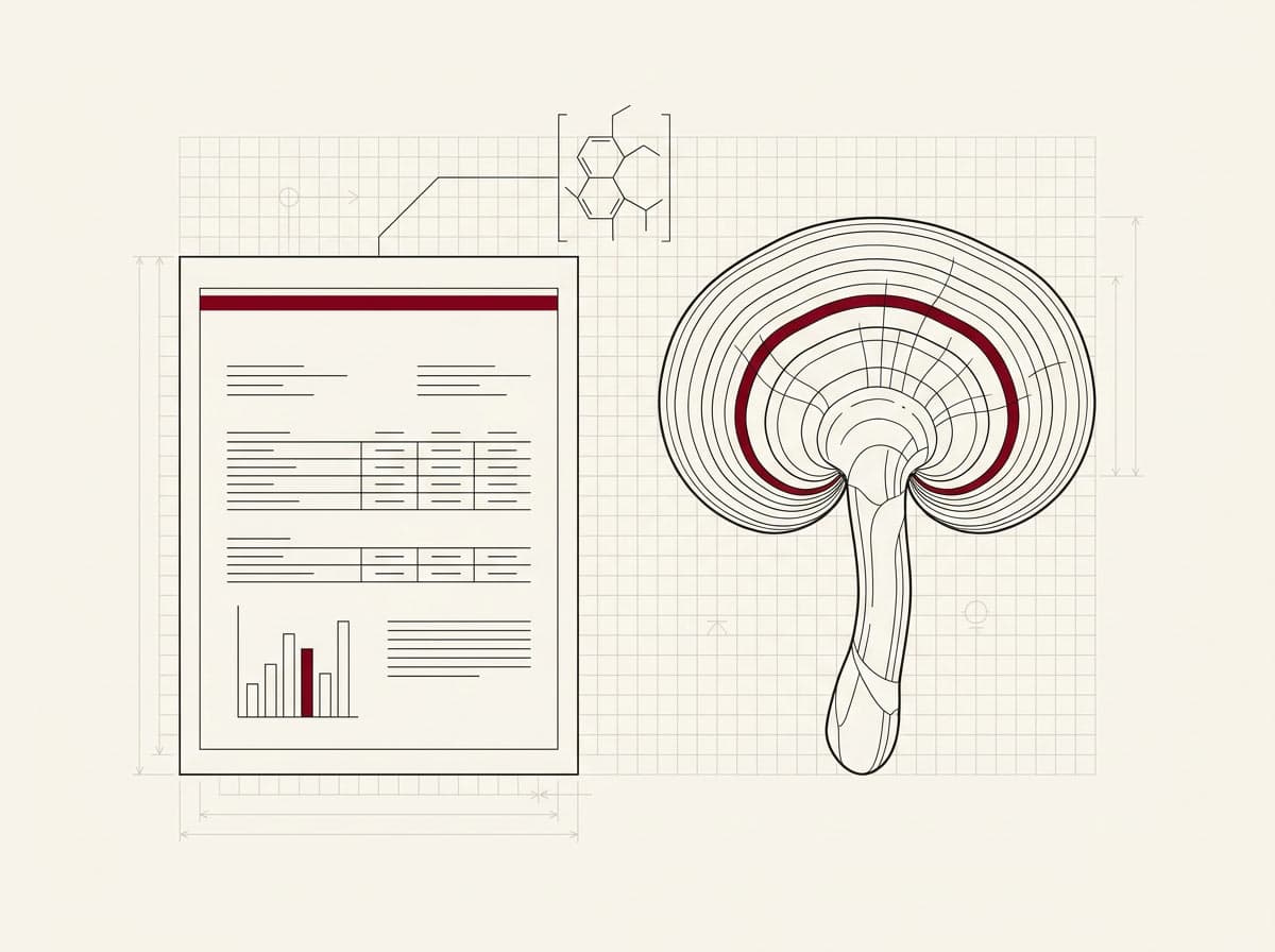 Parametry kvality houbových extraktů — Reishi a laboratorní Certificate of Analysis, line art ilustrace měřitelné kvality (44,6 % beta-glukanů, Megazyme K-YBGL)