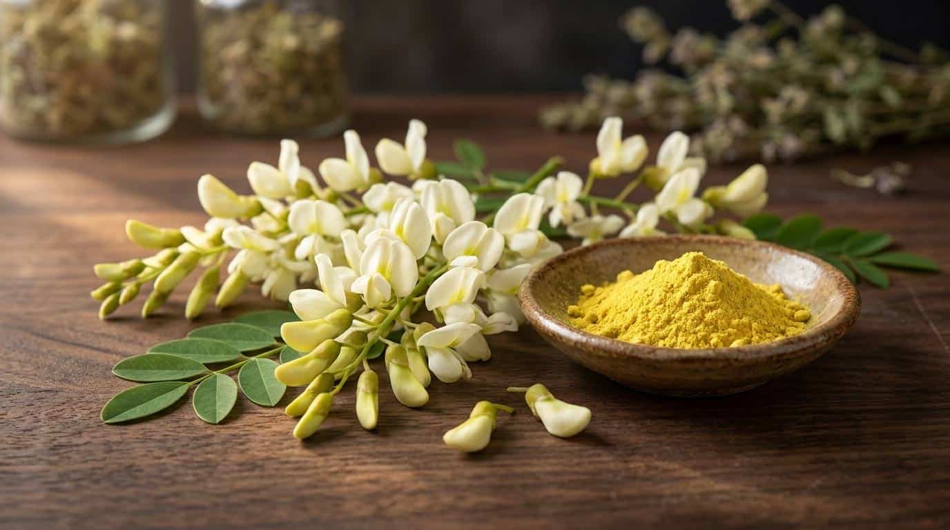 Poupata a květy jerlínu japonského (Sophora japonica) vedle misky se žlutým luteolinovým práškem