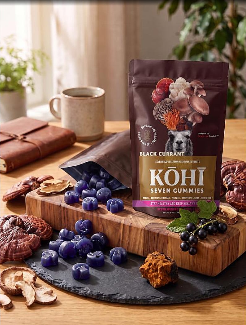KŌHĪ Seven Gummies – sáček se sedmi houbovými extrakty, tmavě modré gumídky ve tvaru houbiček, sušené reishi, shiitake, čaga a černý rybíz na dřevěném prkénku