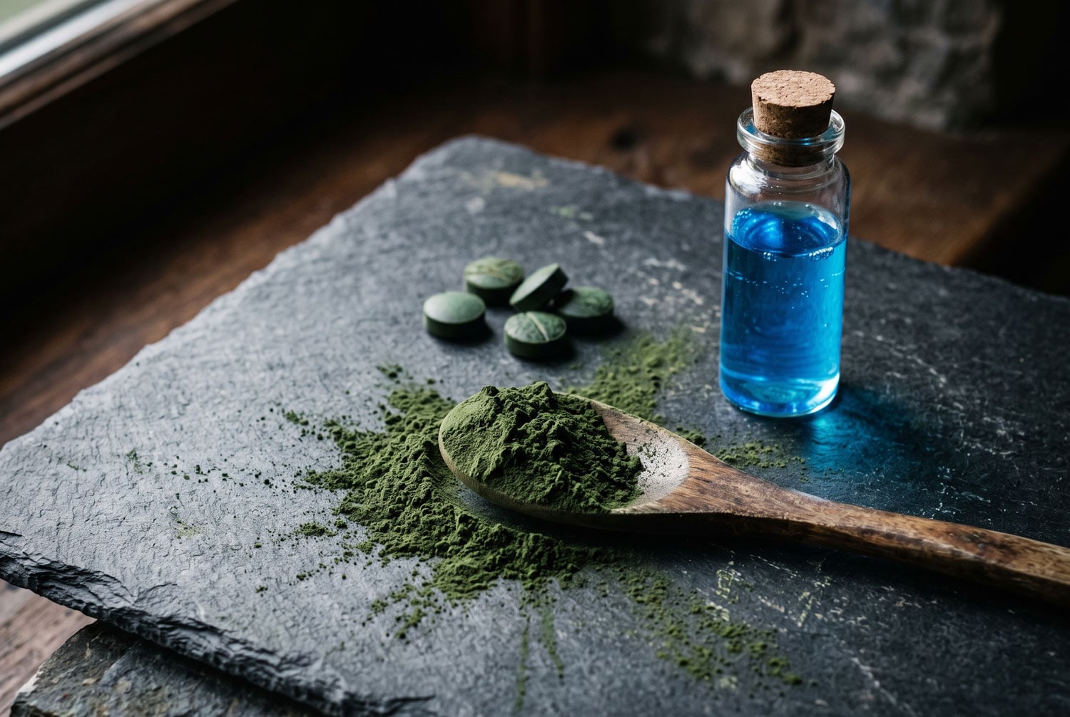 Spirulinový prášek, tablety a zářivě modrý extrakt fykocyaninu