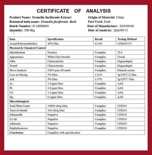 Certifikát analýzy extraktu z rosolovky